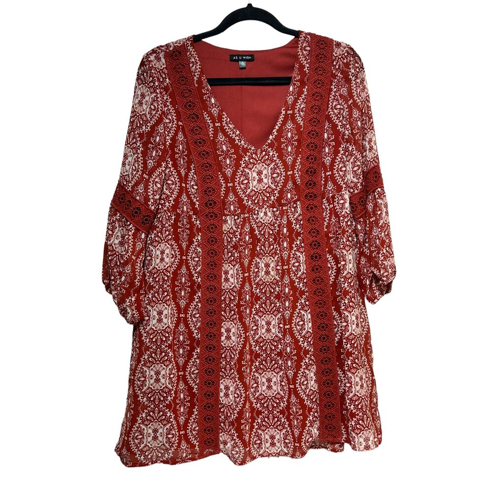 AS U WISH‎ Boho Paisley Print Lace Trim V Neck 3/4 Sleeve Mini Dress Size Large